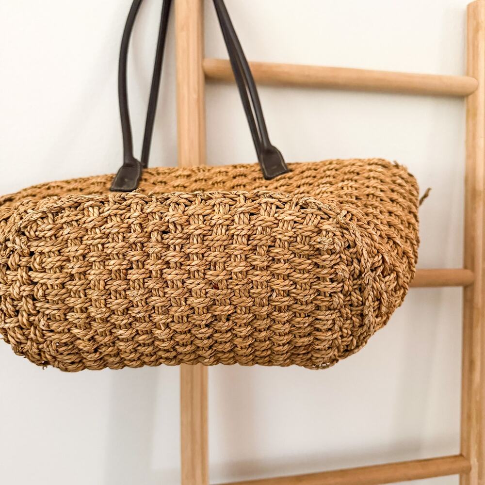 J.Crew Woven Straw Tote Bag Brown Leather Handles Large Beach Market Basket - Picture 9 of 13